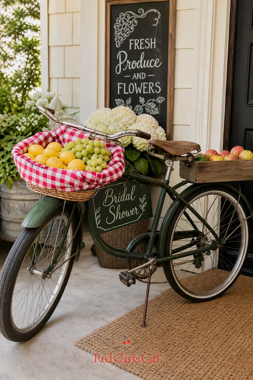 Vintage Bicycle Produce Cart Entrance — Nothing says market morning like a bicycle parked by the front door with its basket overflowing. Farmers market bridal