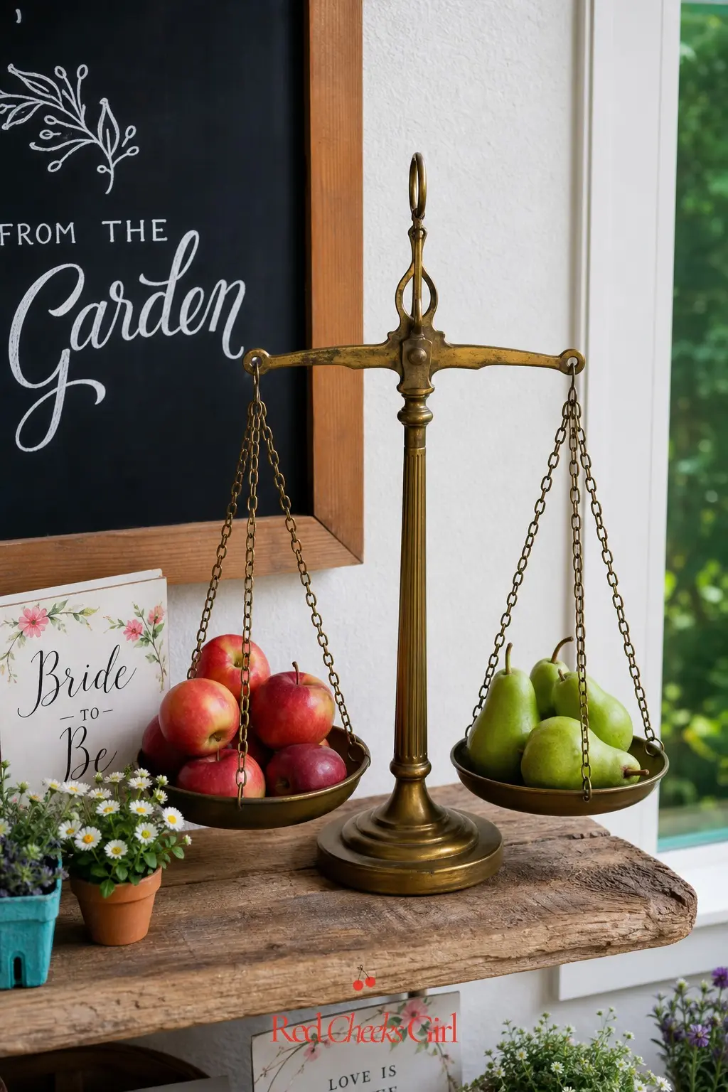 Vintage Scale and Produce Styling Vignette — A small brass scale, one tray holding apples and the other pears, is the kind of detail that costs almost nothing