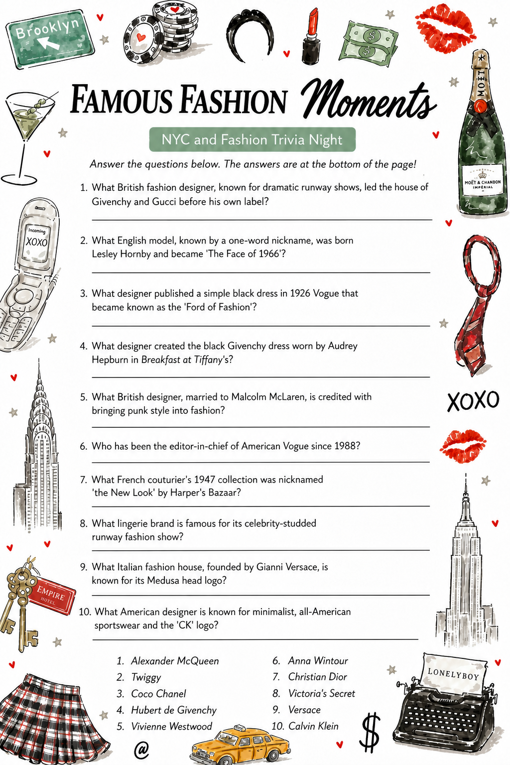 Famous Fashion Moments Questions printable