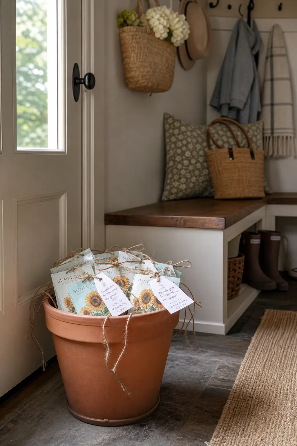 A Packet of Seeds Tied to a Tag With the Child's Name and Party Date