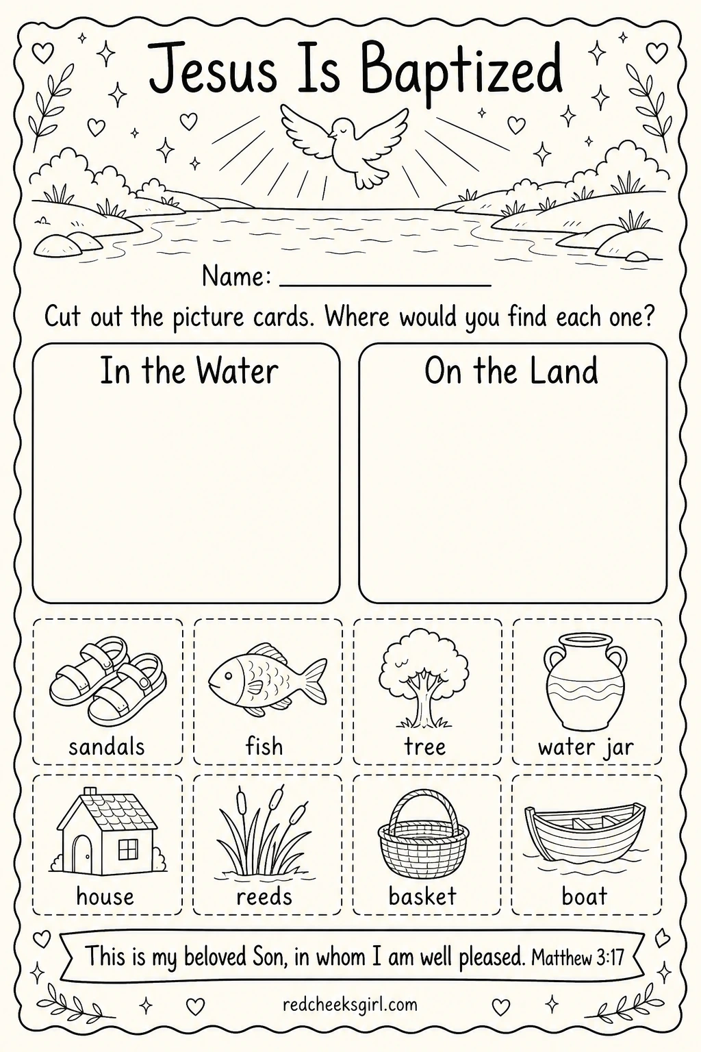 Sort Wet and Dry for Jesus' Baptism printable sheet — A simple two-box sheet that works well right after telling the story, since children can point to what