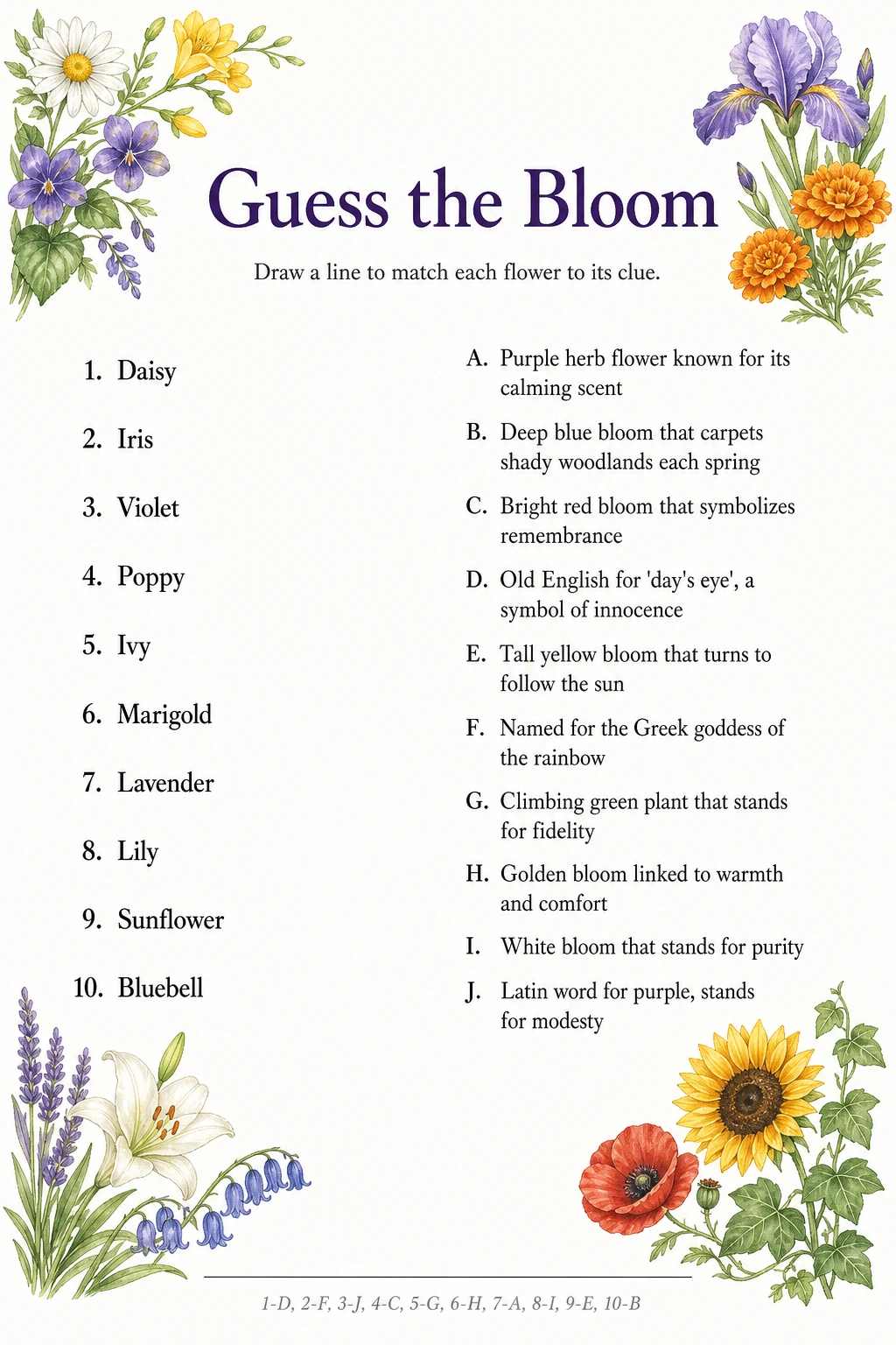 Guess the Bloom Matching Game printable sheet — Guess the Bloom hands every guest a small matching sheet: ten flower names down one side, ten one-line clues
