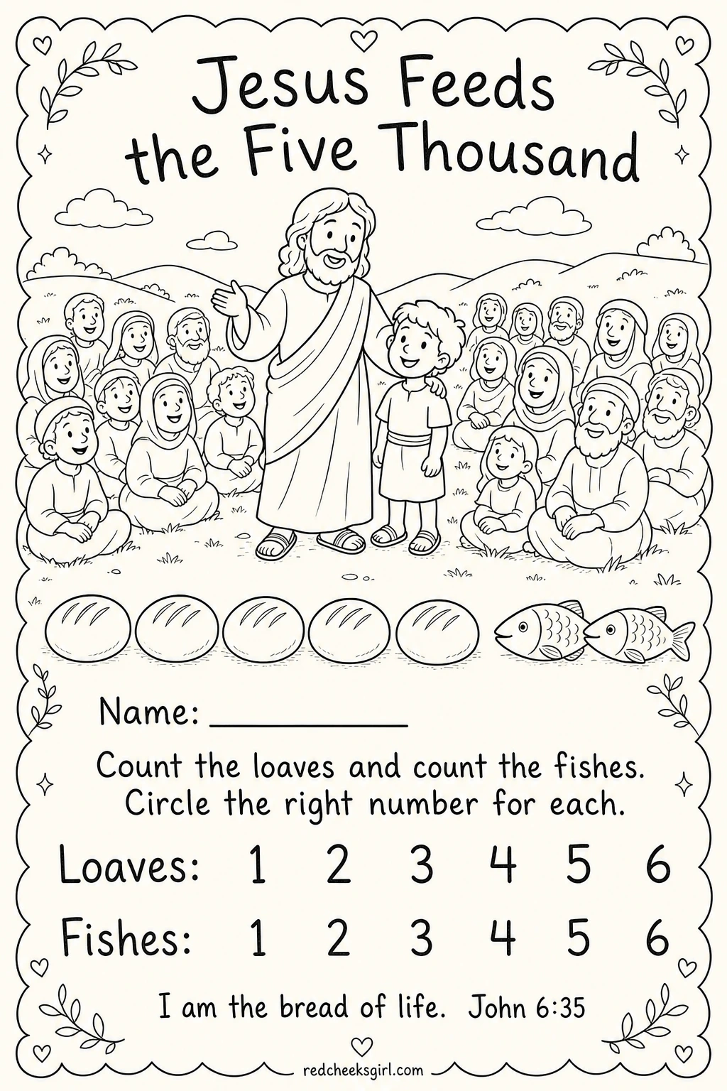 Count the Loaves and Fishes printable sheet — Easy to run right after a snack break, since the theme lines up neatly with food. Sunday school worksheets