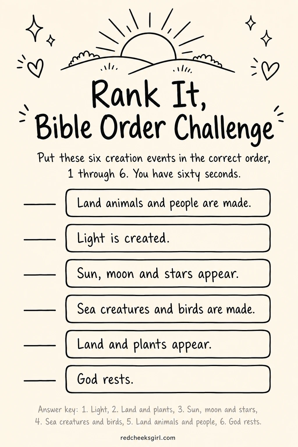 Rank It: Bible Order Challenge printable sheet — Teams get a card listing six events from the creation account out of order, and have sixty seconds to write