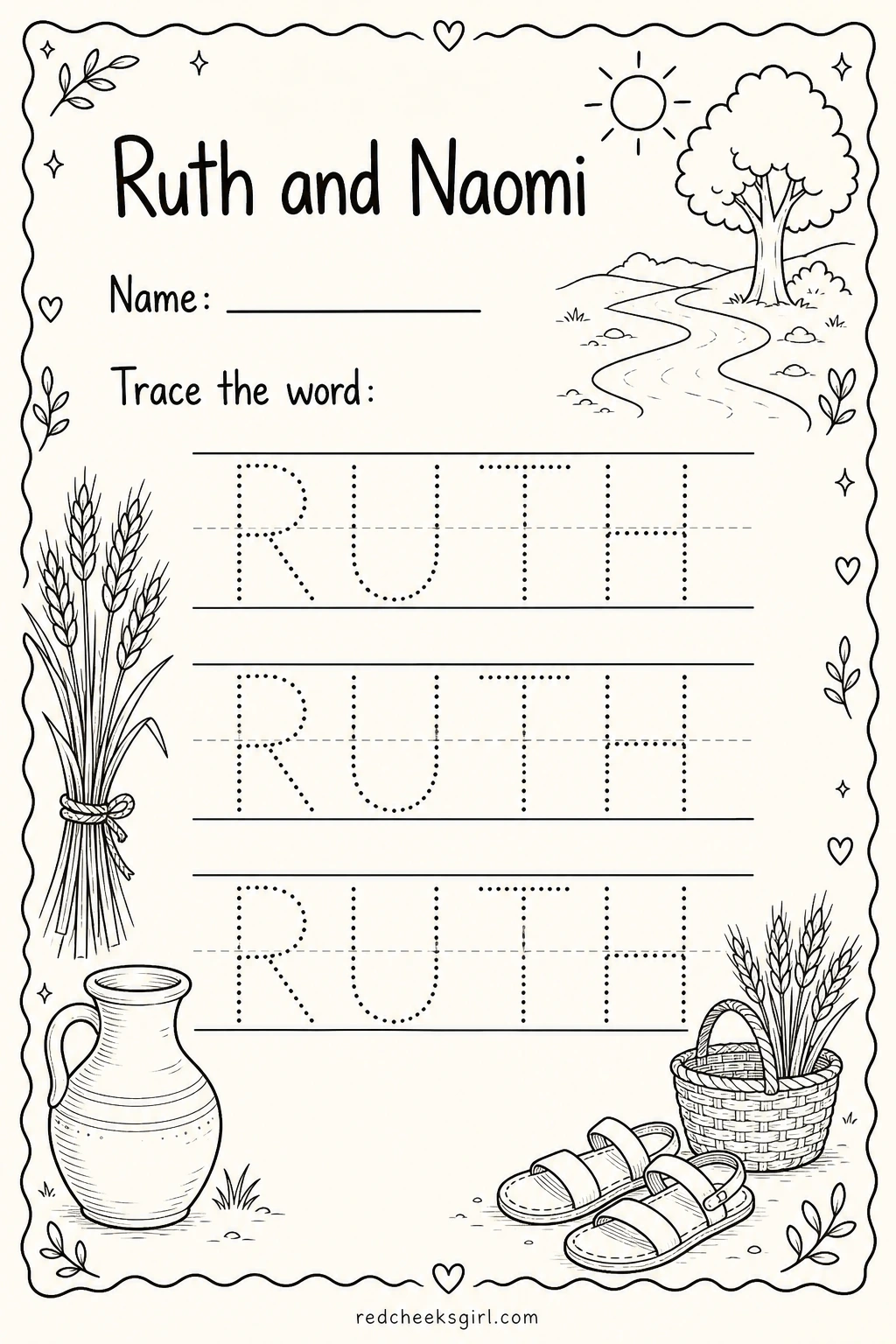 Trace Ruth's Name printable sheet — Fits a quieter corner of the lesson, good for a child who needs something calm rather than another counting task. Sunday