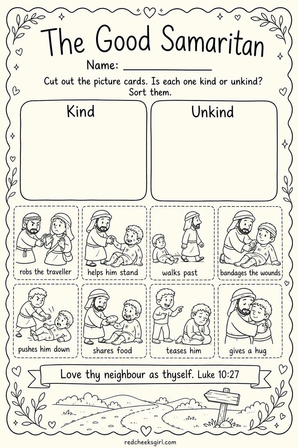 Sort Kind and Unkind for the Good Samaritan printable sheet — Good for starting a conversation about the story's point, since the two boxes give children