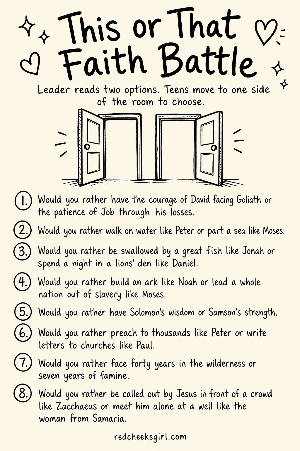 This or That Faith Battle Cards printable sheet — A leader reads two tough options off a card, and teens physically move to one side of the room or the other