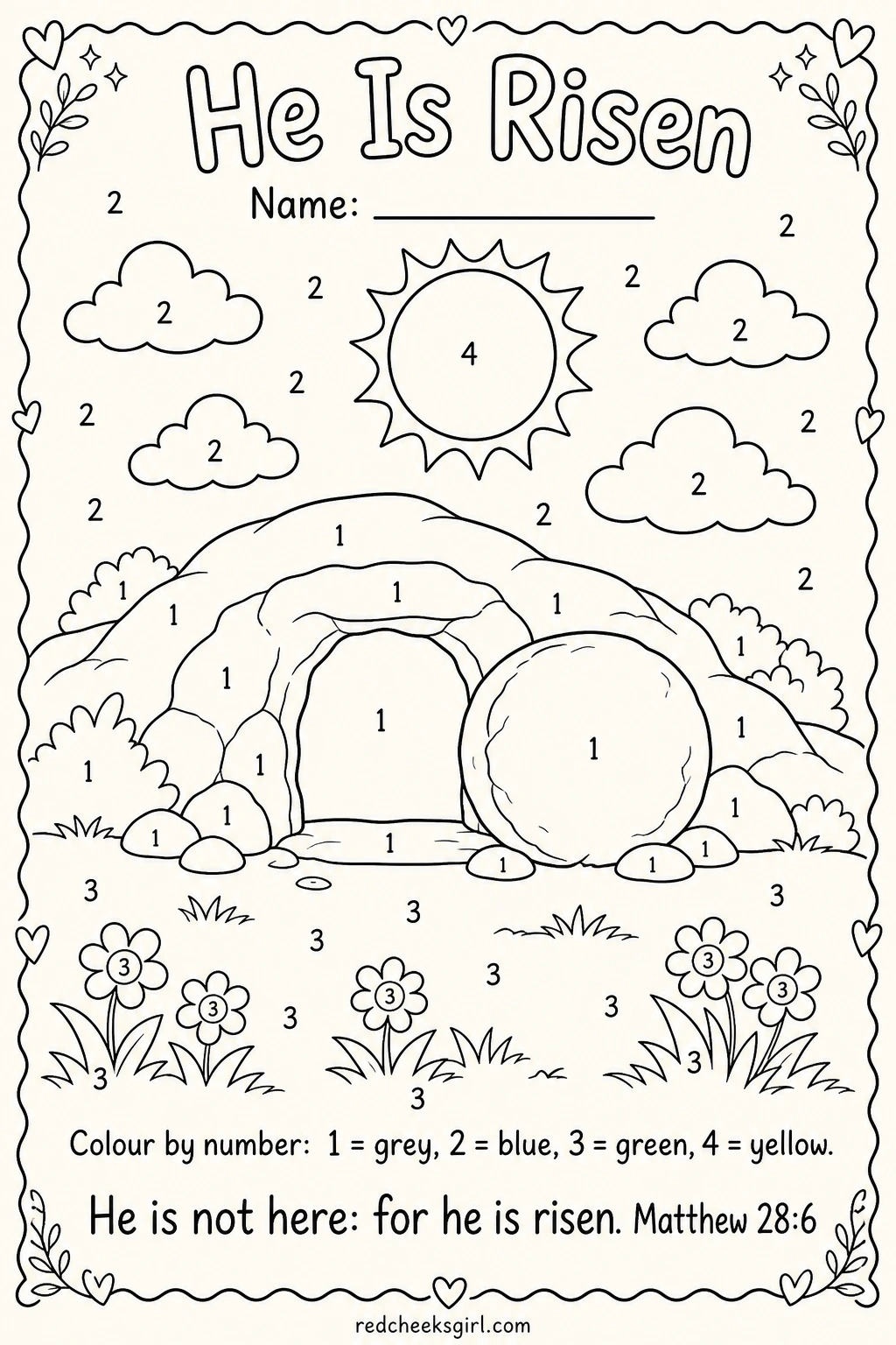 The Colour-by-Number Empty Tomb printable sheet — The natural closing sheet for an Easter lesson, simple enough that the whole class finishes at roughly the
