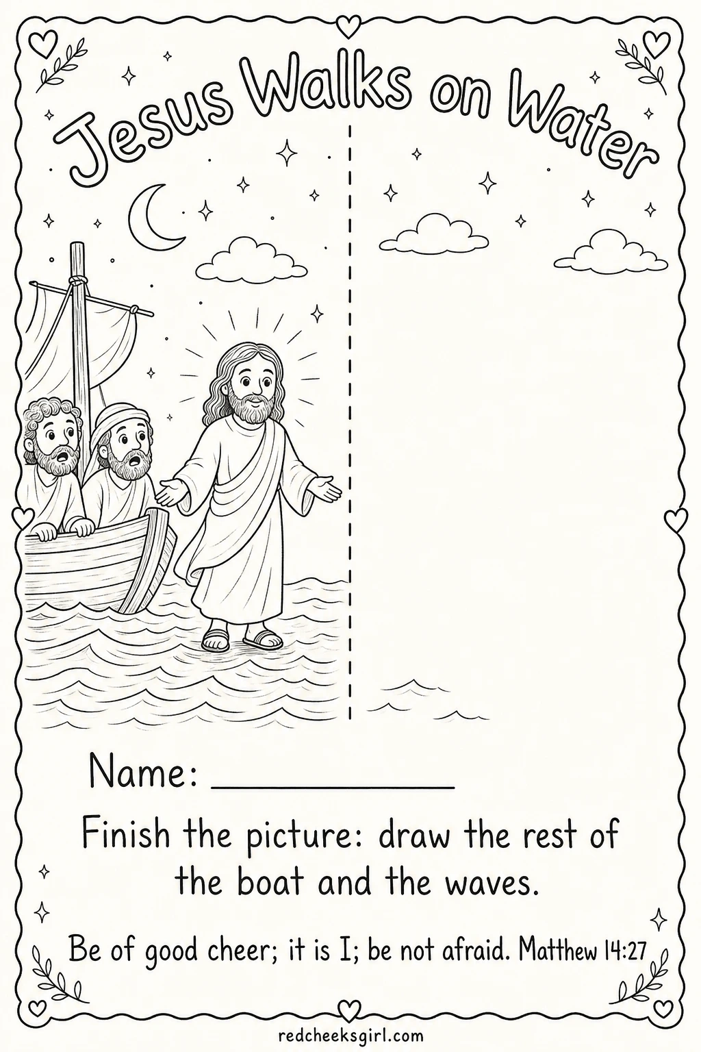 Finish Jesus Walking on the Water printable sheet — A good sheet for children who like a bit more to draw than the finish-the-picture sheets earlier in the