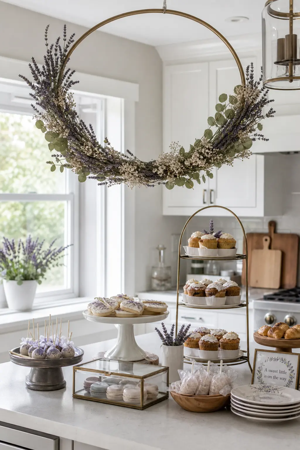 A Floral Hoop Hung Above the Dessert Table