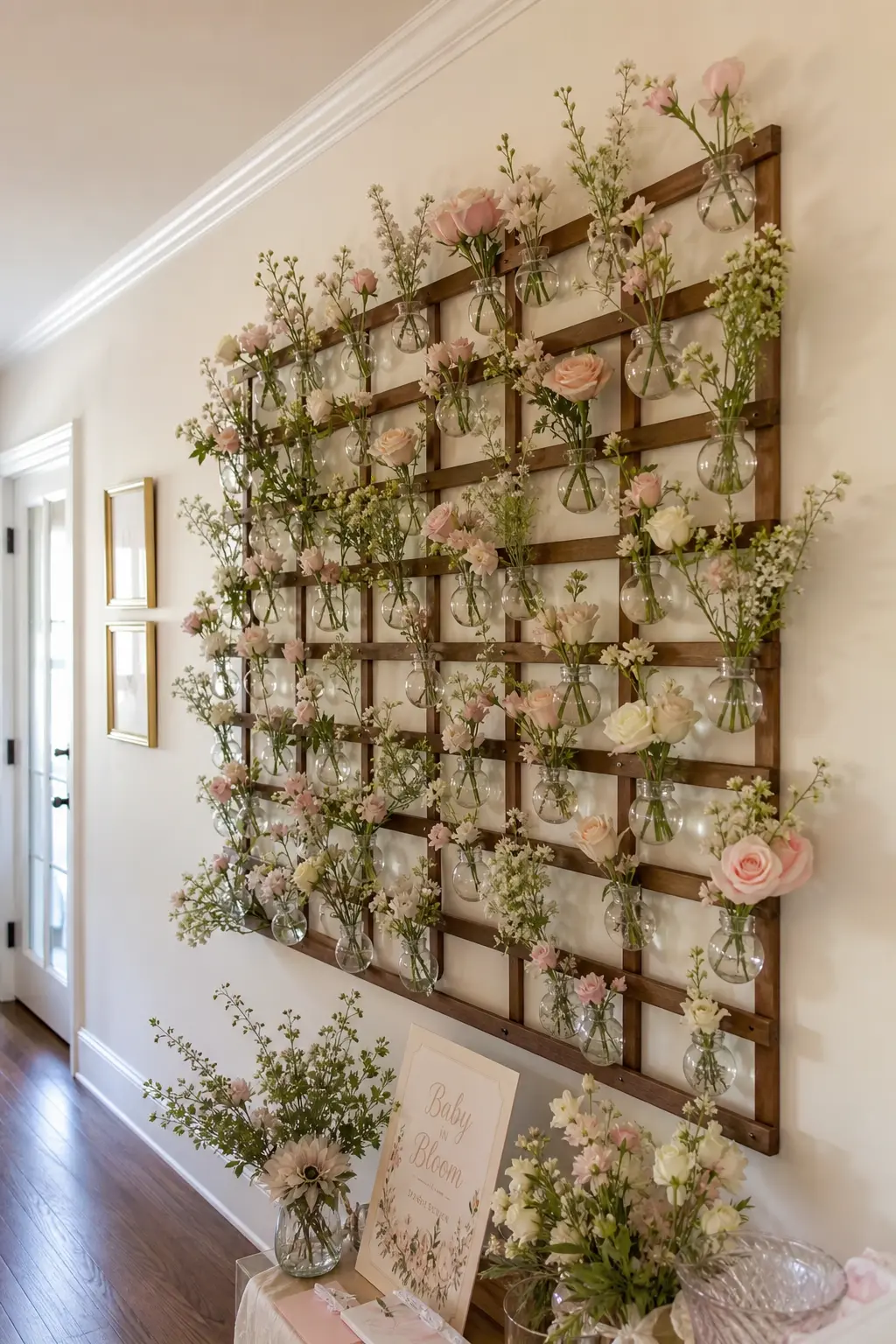 A Floral Wall Built from a Grid of Small Bud Vases