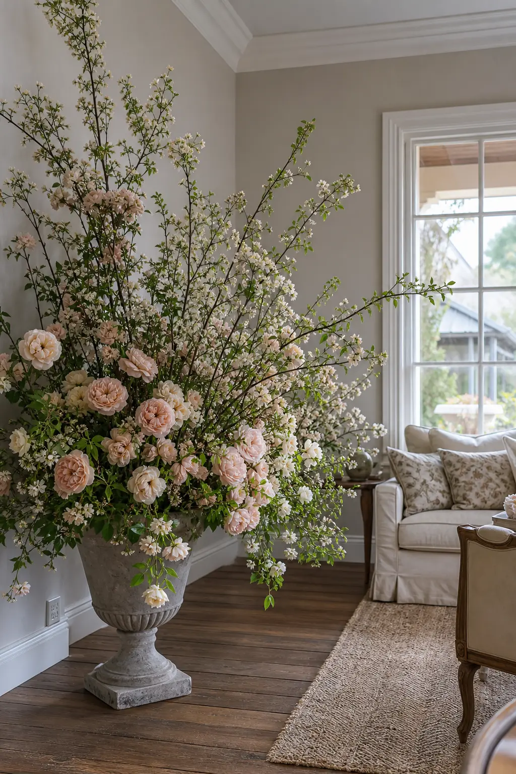 A Single Oversized Arrangement as the Room's One Photo Backdrop