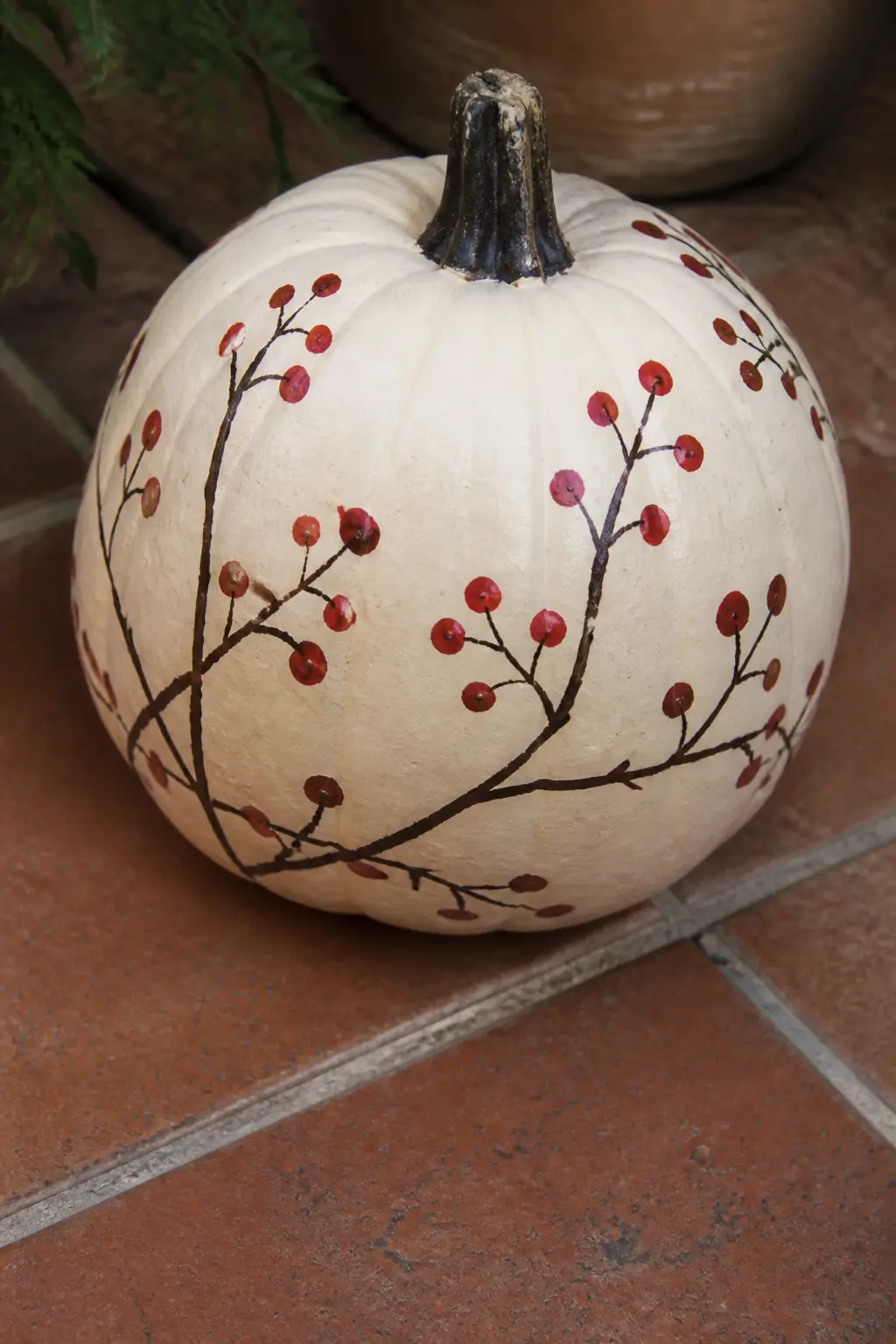 Berries as Clustered Dots on a Branch — Berry branches are painted in two steps: first the branches in burnt umber or dark brown, using a liner brush to draw