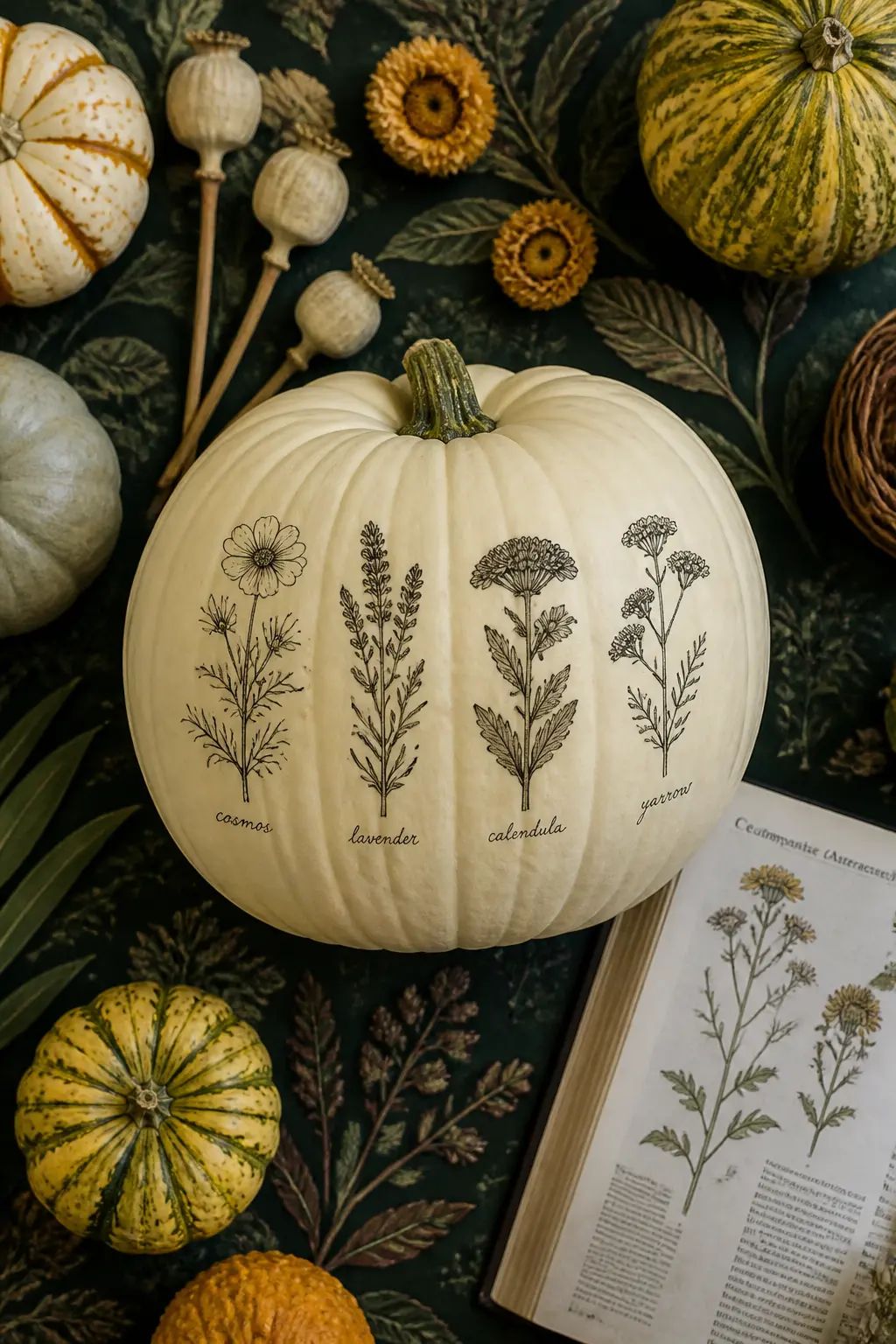A Botanical Study with Labelled Names — A botanical study pumpkin treats the surface as a page from a Victorian herbarium. Floral painted pumpkin