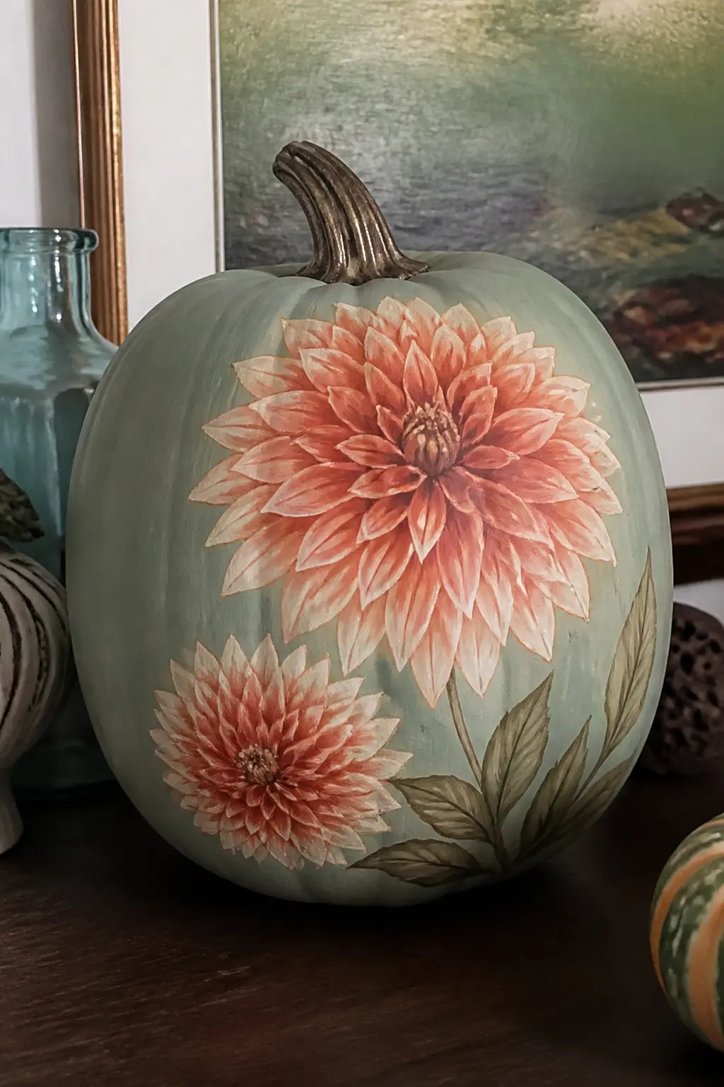 Dahlias in Layered Petals — A painted dahlia builds outward from the centre in rings of petals, each ring slightly larger than the last. Floral painted pumpkin
