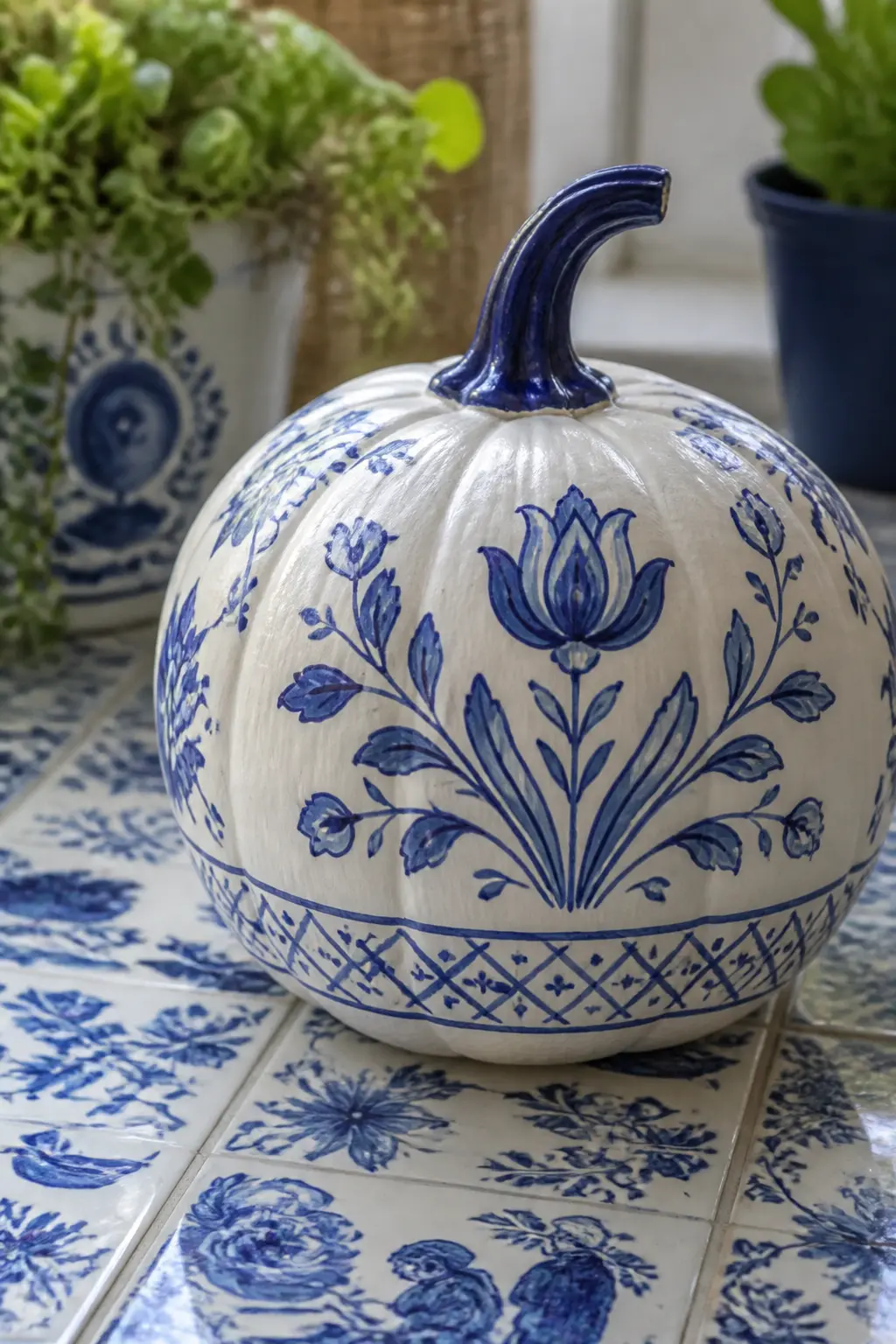 A Delft Blue and White Pattern — Delft pottery uses a very specific cobalt blue on a warm white ground, with particular motifs: tulip heads, formal leaf