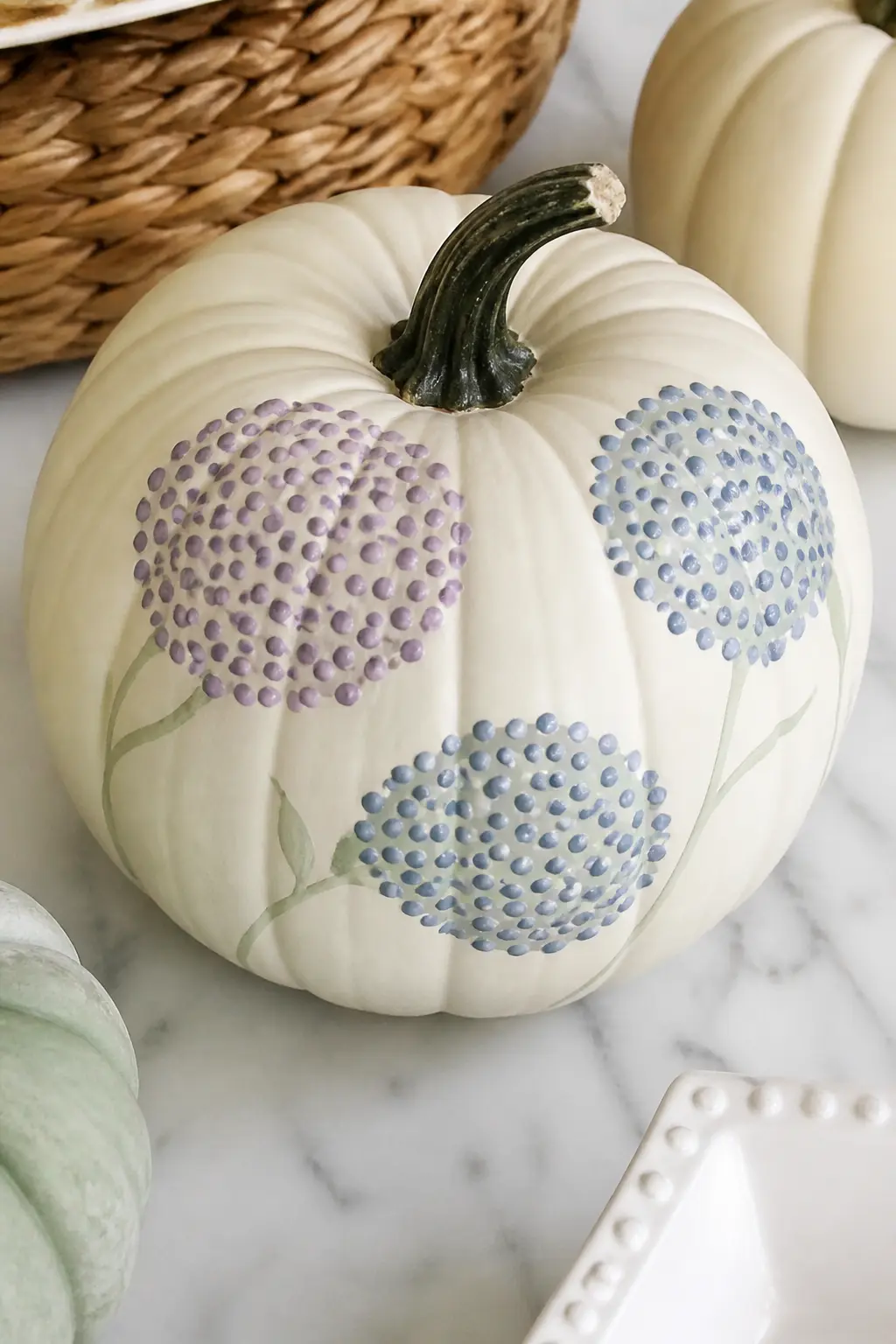 Dots Clustered Into Hydrangea Heads — Hydrangeas are entirely made of clustered dots in two or three tones. Floral painted pumpkin