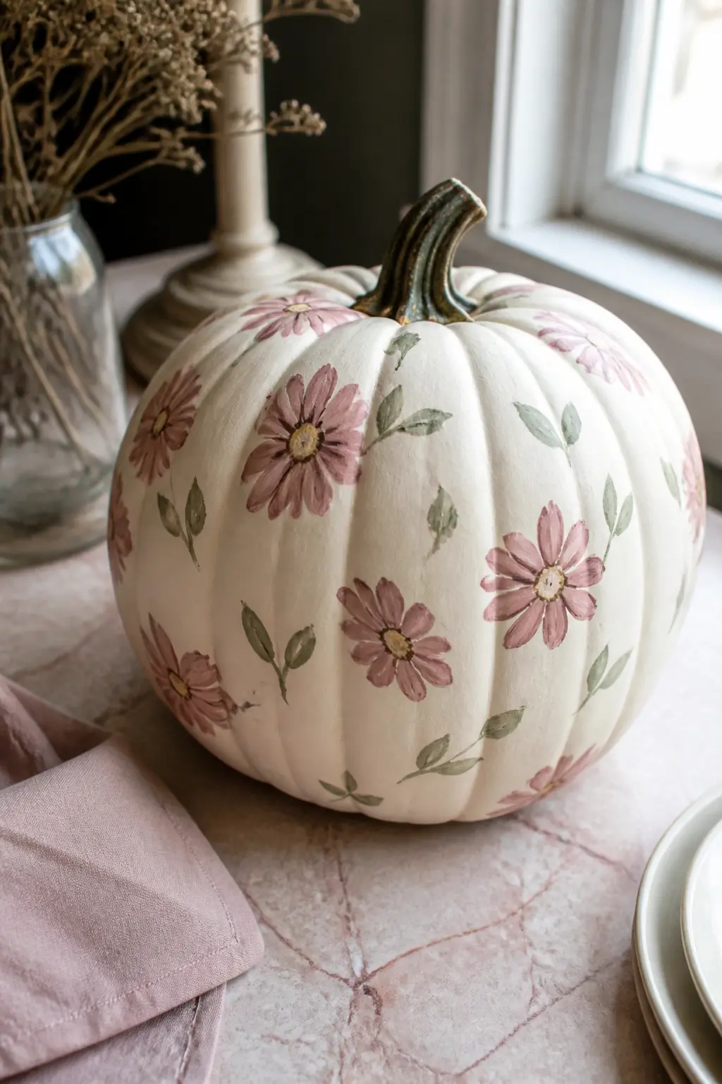 Dusty Pink and Sage on Cream — Dusty pink and sage on a cream ground is the palette of a faded French toile, and it works on a pumpkin for exactly the same