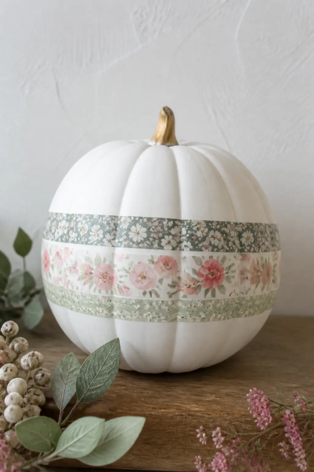 Floral Washi Tape Wrapped in Bands — Washi tape is repositionable, which makes this the most forgiving entry in the list. Floral painted pumpkin