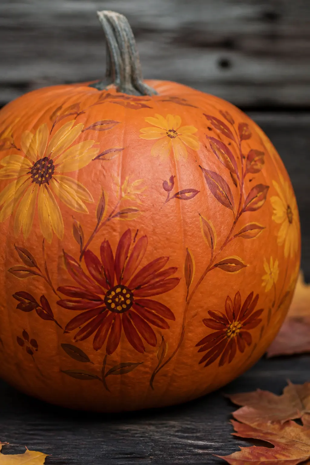 Mustard and Rust on a Natural Pumpkin — The orange skin of a natural pumpkin is a warm mid-tone that works as the ground itself: no base coat needed. Floral