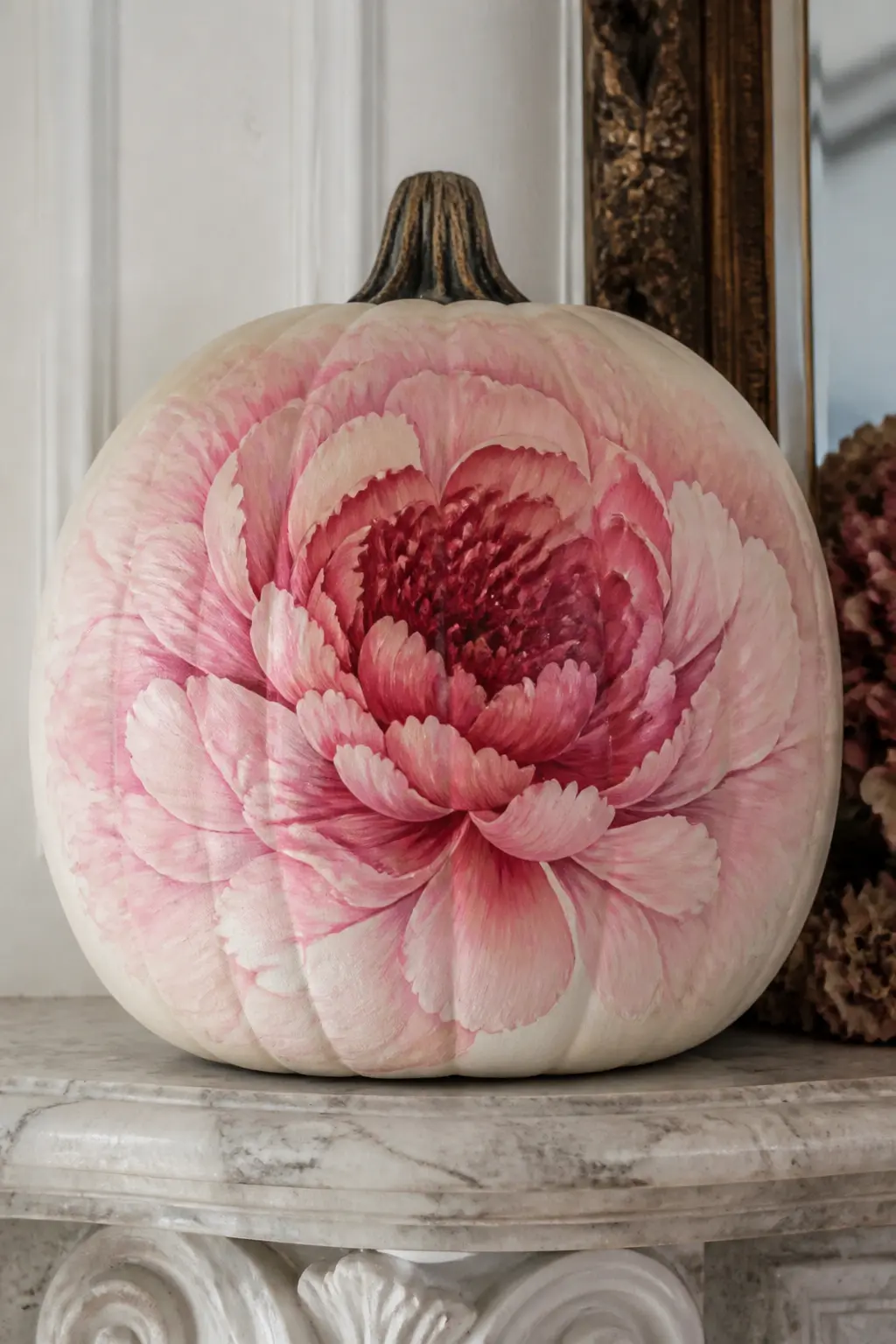 One Oversized Bloom Covering the Whole Front — Scale is the point here. Floral painted pumpkin