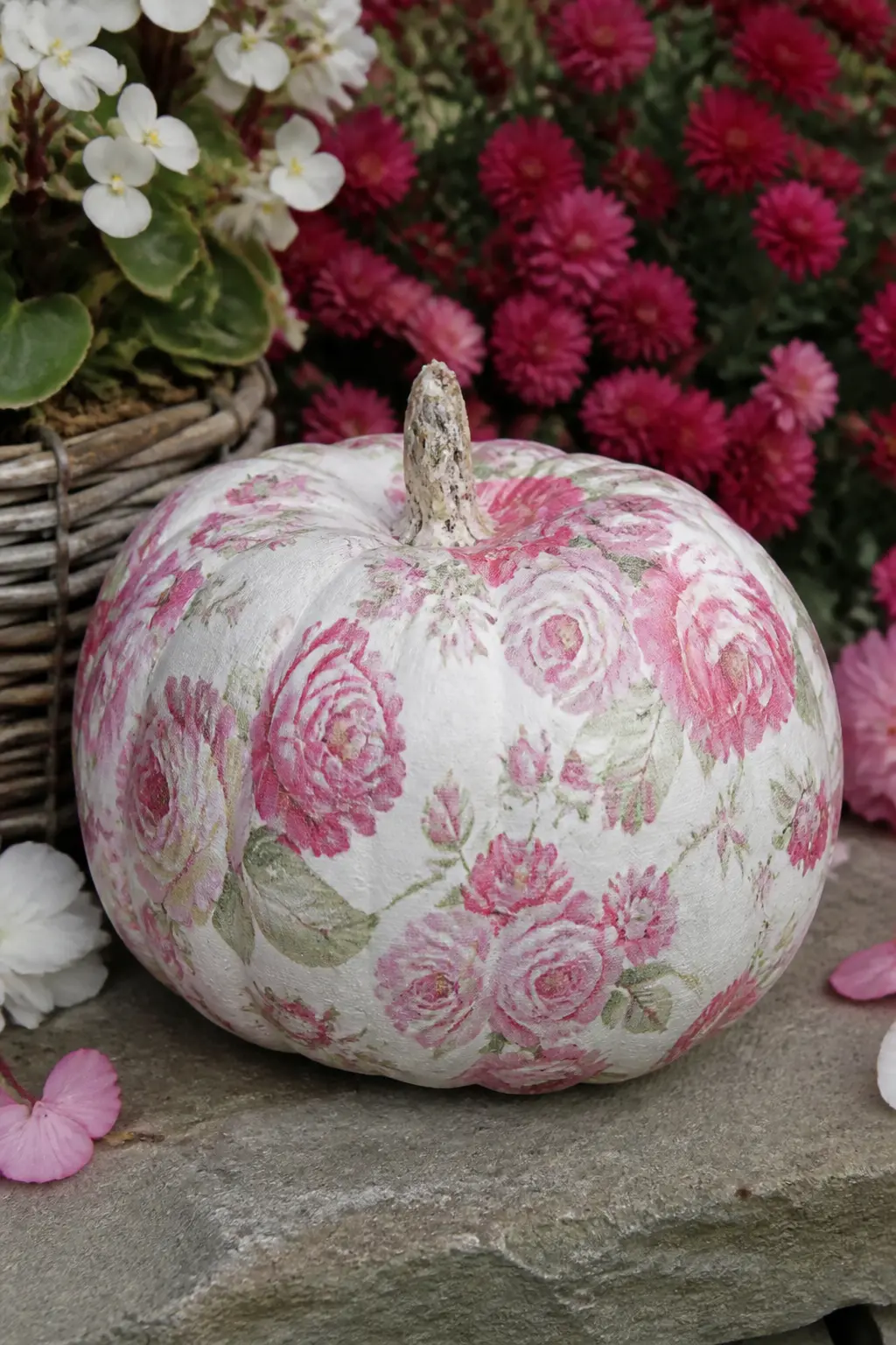 Paper Napkin Decoupaged Over the Whole Pumpkin — Buy a floral paper cocktail napkin with a pattern you like. Floral painted pumpkin