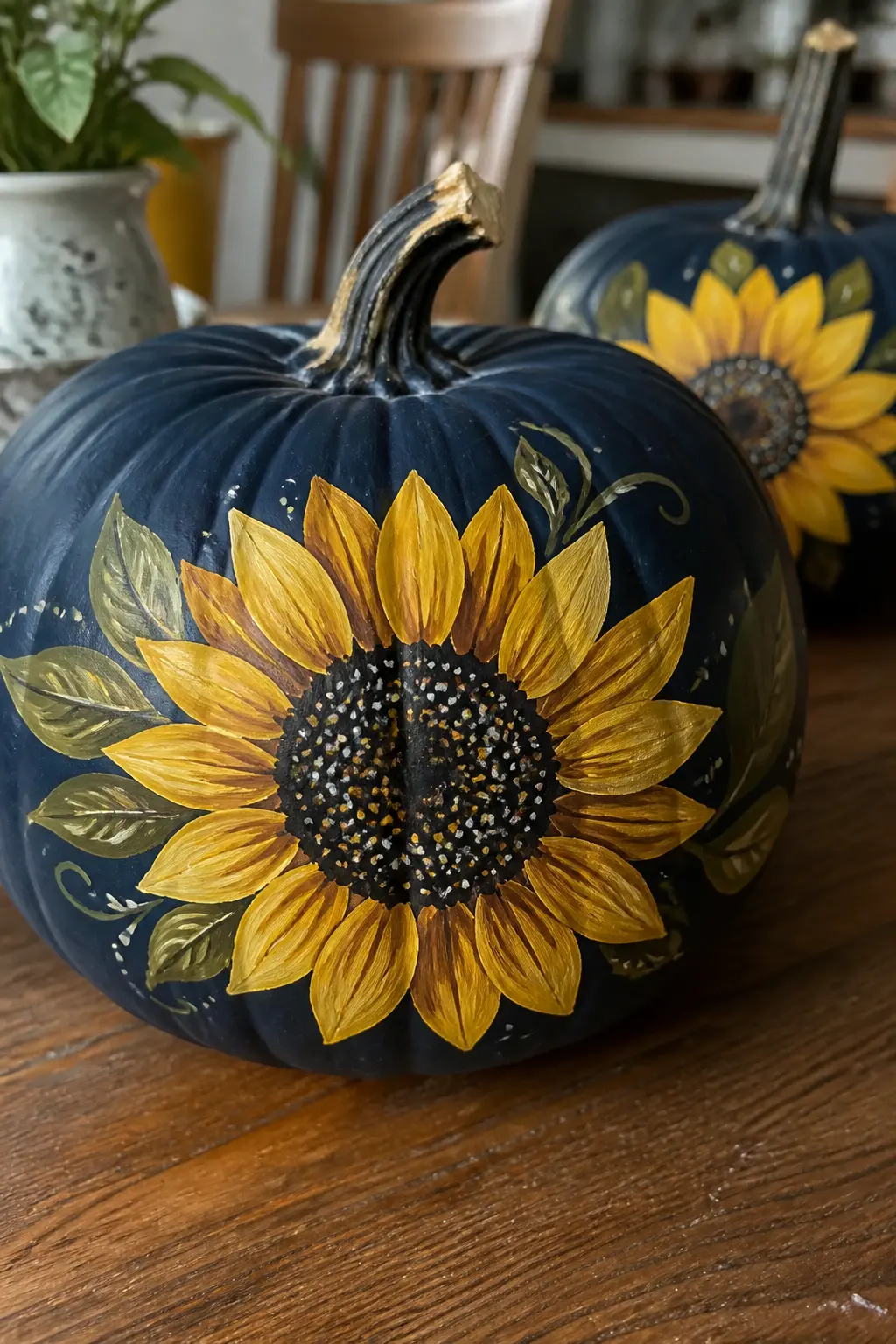 Sunflowers with Dotted Centres — A painted sunflower uses long pointed petal strokes in two tones of yellow and ochre, each petal pulled outward from the