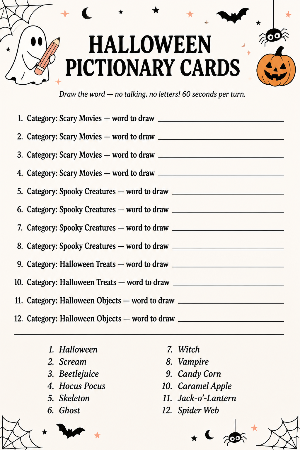 Halloween Pictionary Cards printable