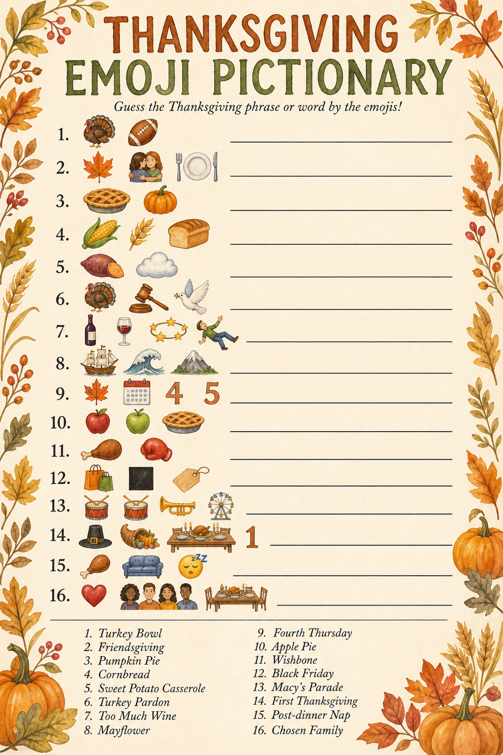 Thanksgiving Emoji Pictionary printable