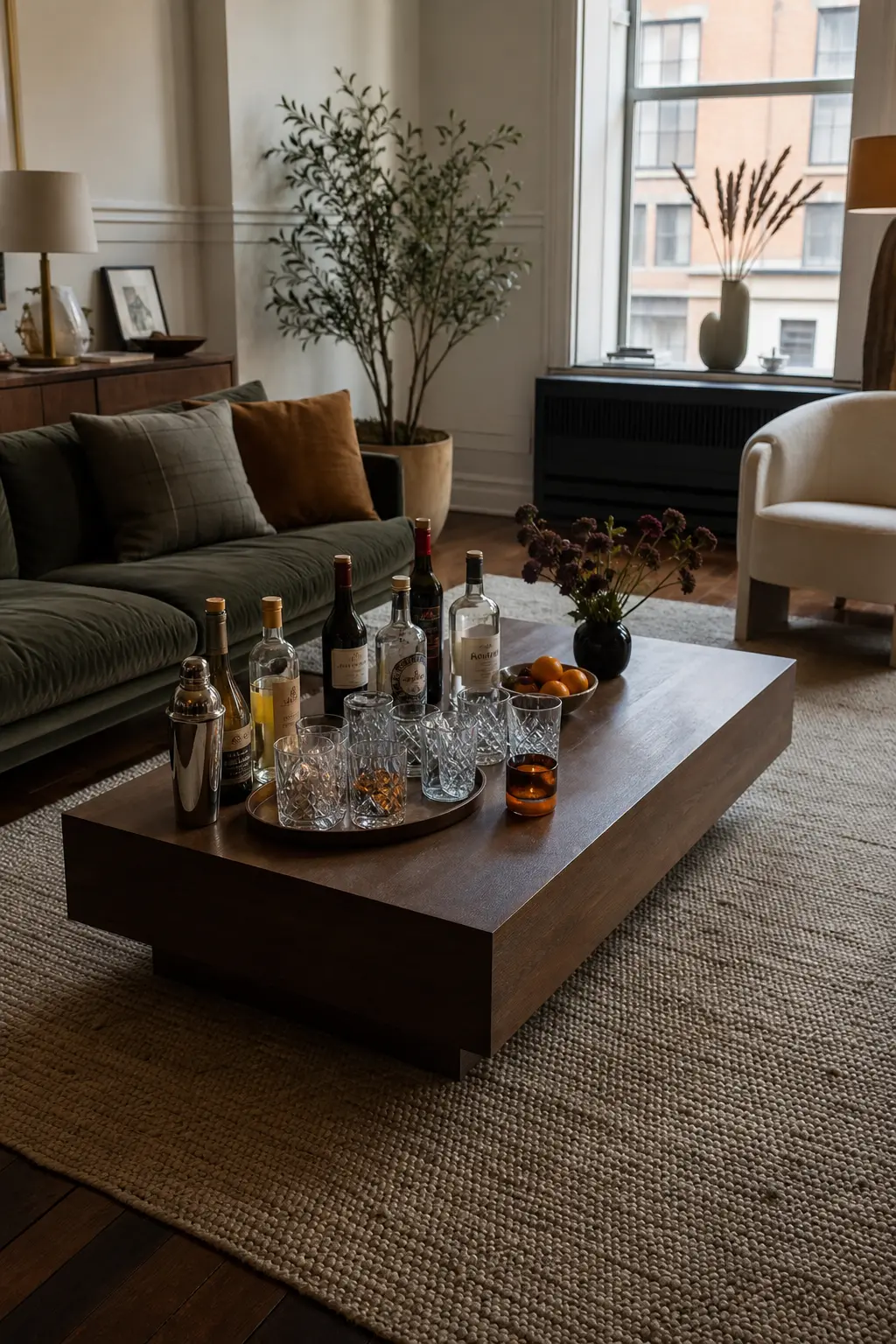 Coffee Table Cleared and Used as the Bar