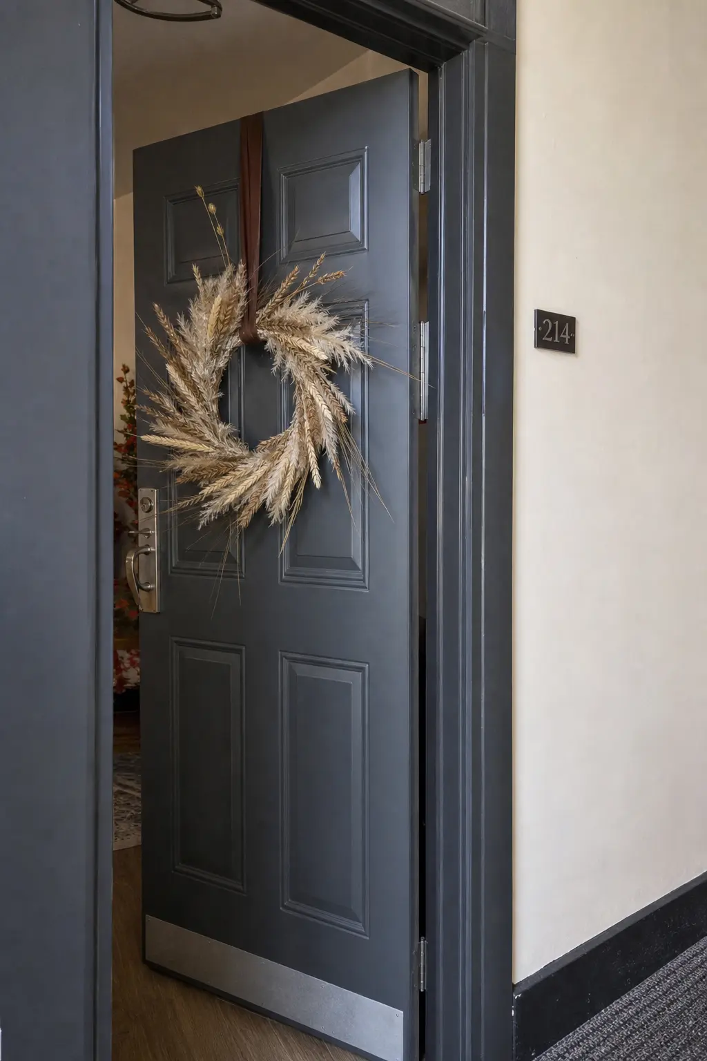 Front Door Wreath Hung on Ribbon