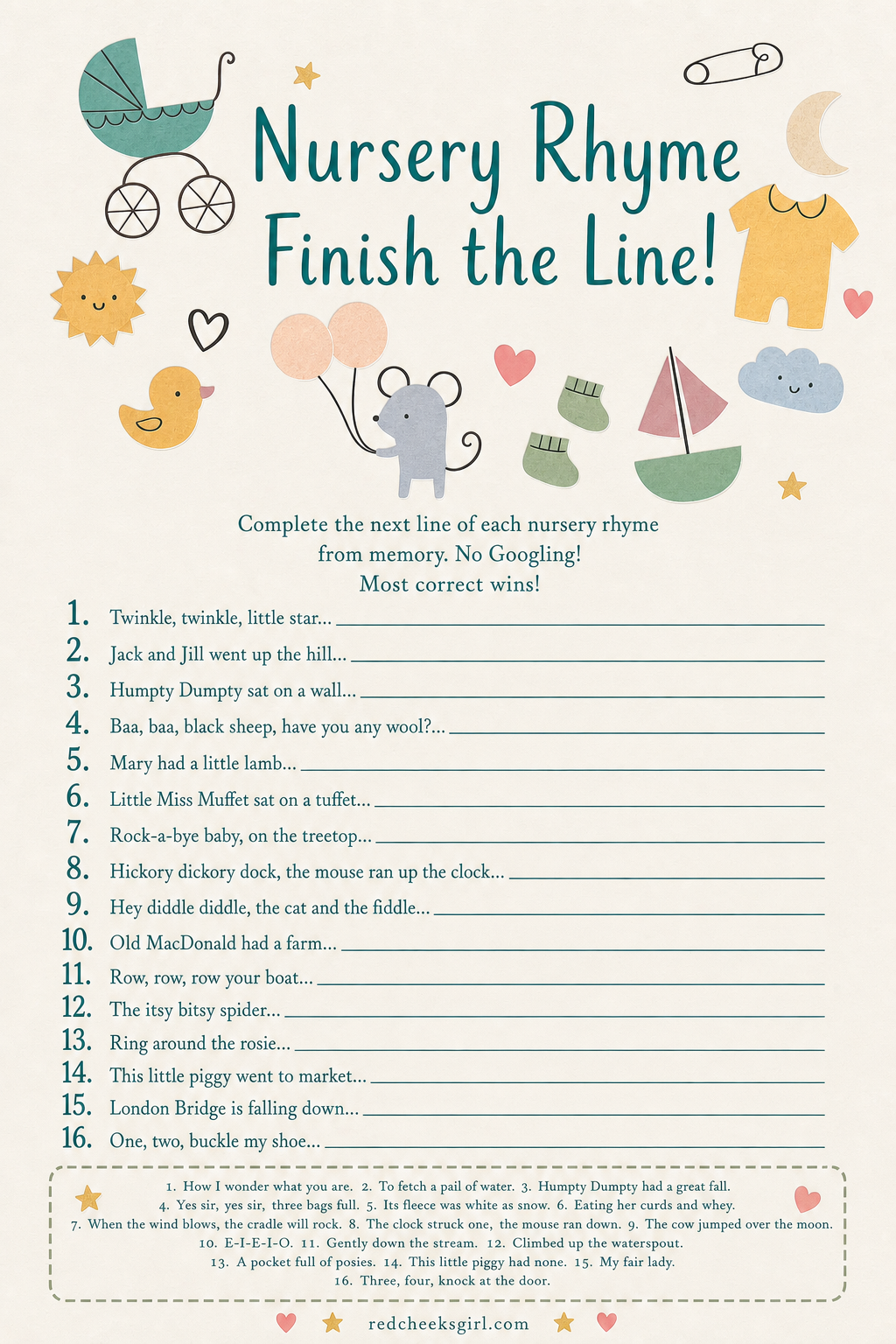 Nursery Rhyme Finish the Line printable