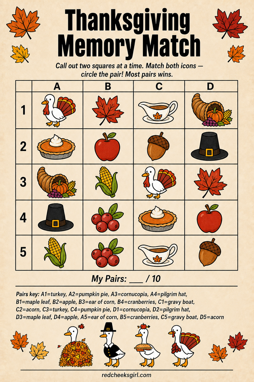 Thanksgiving Memory Match Sheet printable