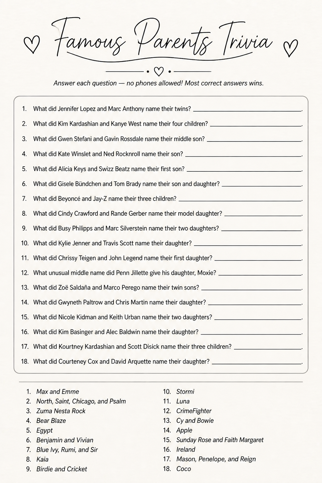 Famous Parents Trivia printable