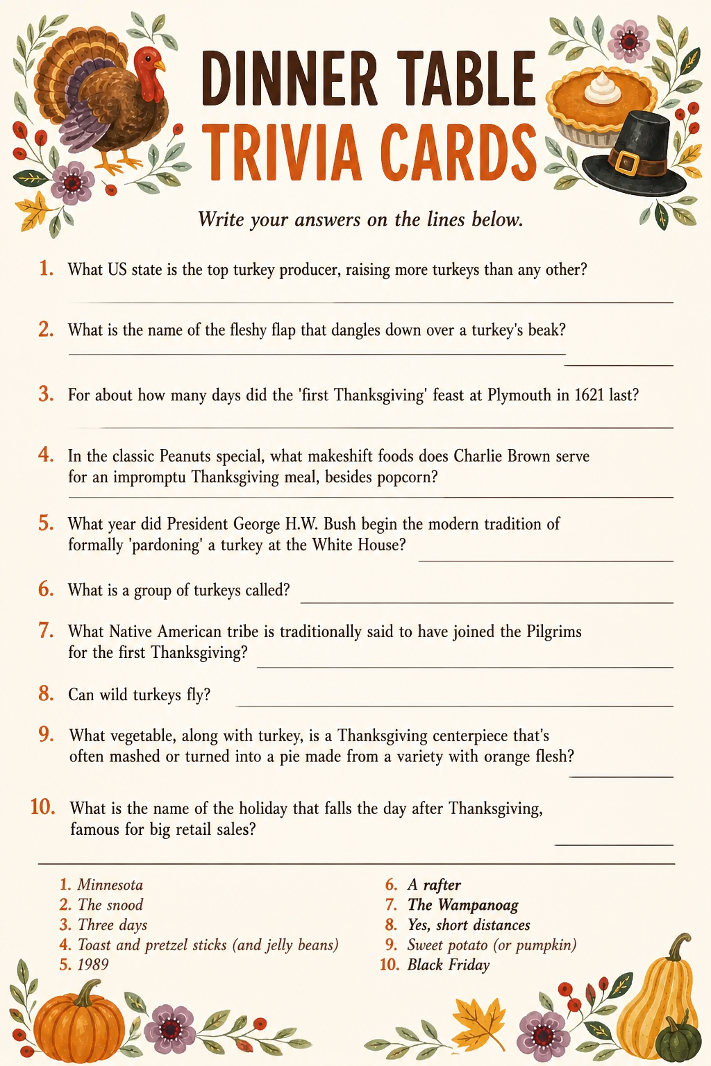 Dinner Table Trivia Cards printable