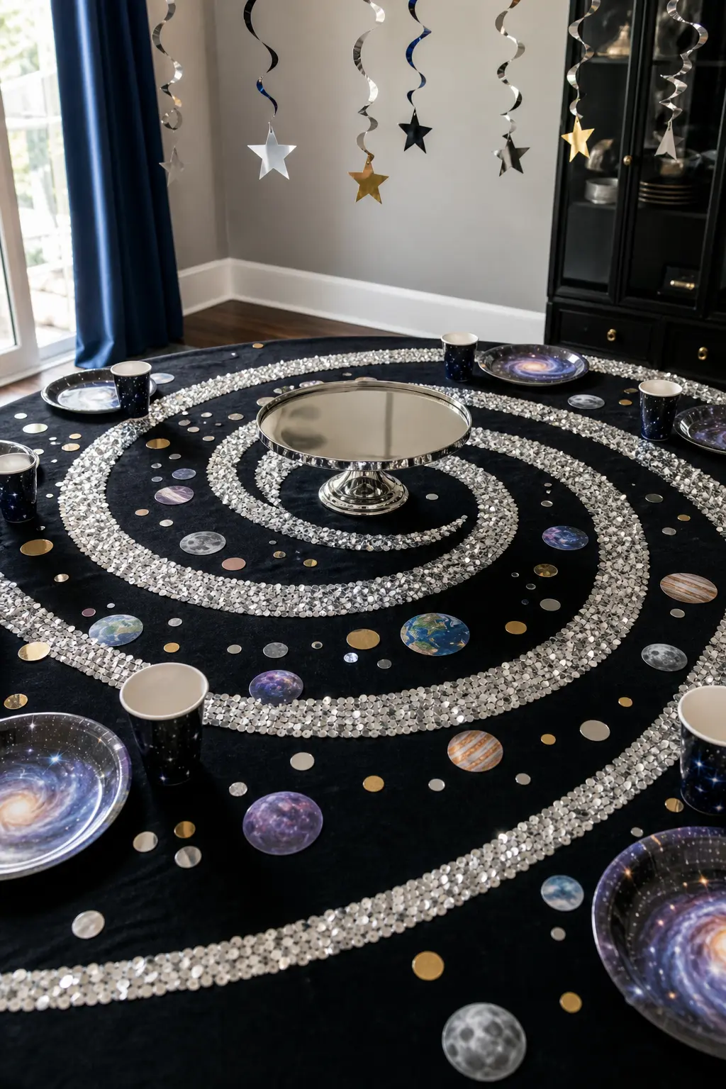Black Hole Vortex Table — A round table dressed entirely in jet black cloth, with a silver sequin runner spiraled from the centre outward, gives the illusion