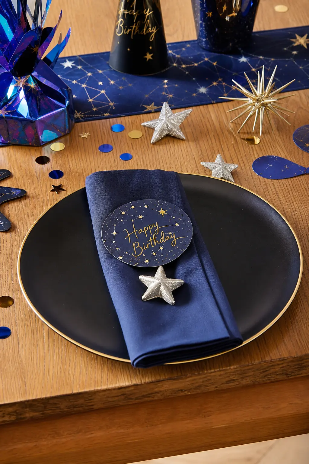 Celestial Table Setting — Black charger plates with a thin gold rim, layered under deep blue linen napkins, dress the seated table without a single extra prop.