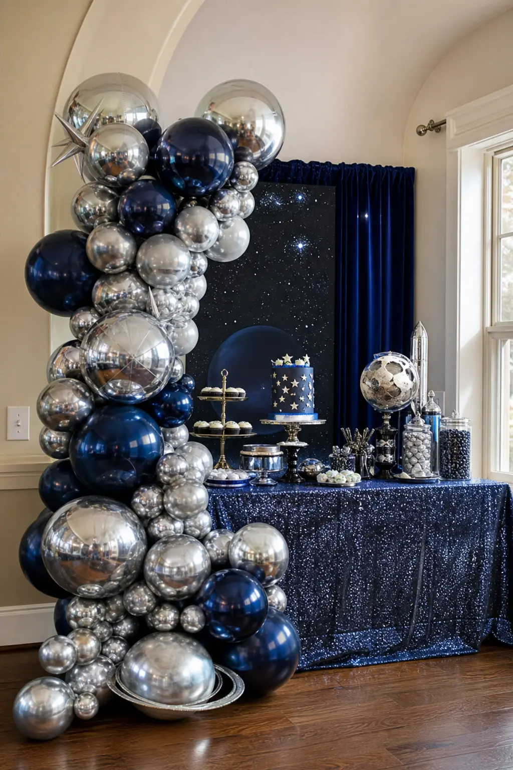 Chrome Orb Balloon Garland — A garland built from chrome silver and midnight navy orb balloons, draped low along the front edge of the dessert table rather