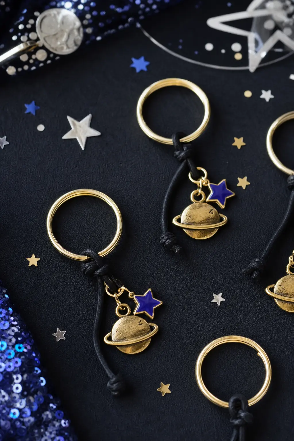 Constellation Keychain Favor — A small brass planet charm on a black cord, finished with a tiny enamel star, gives each guest something they can actually