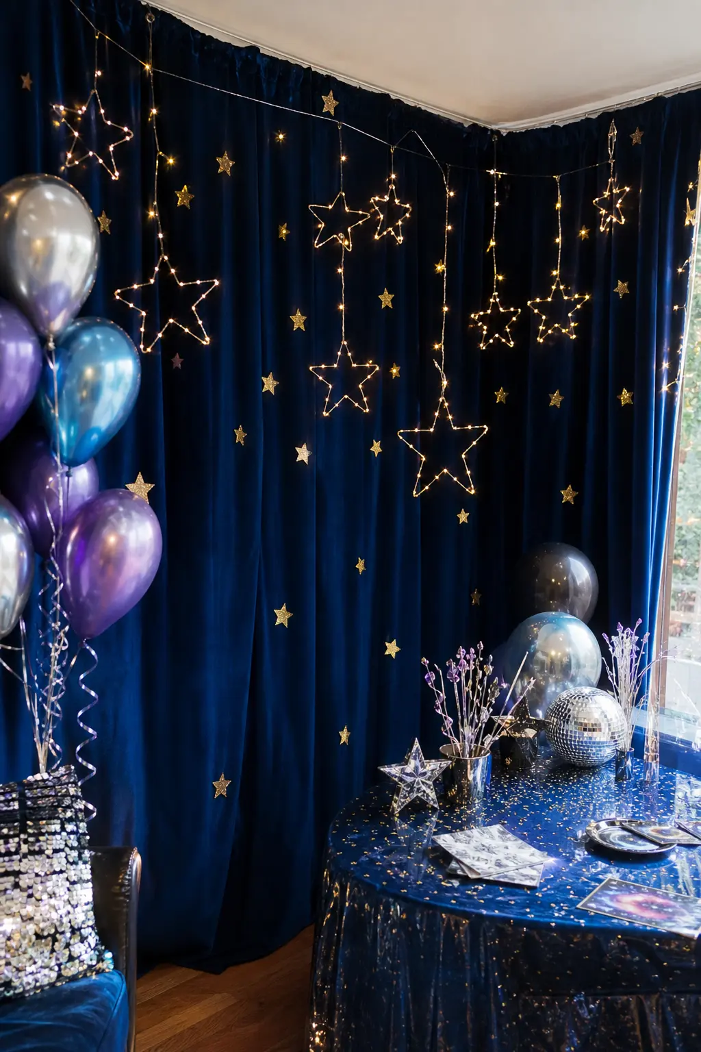 Constellation String Light Corner — A deep indigo velvet curtain, hung across a corner, becomes the canvas for warm white fairy lights pinned into simple