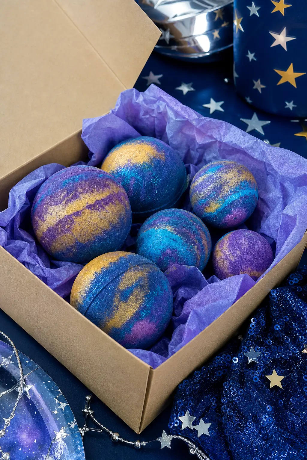 Cosmic Bath Bomb Set — Marbled blue, purple and gold shimmer bath bombs, shaped like small planets and packed into a plain kraft box, give an adult-approved