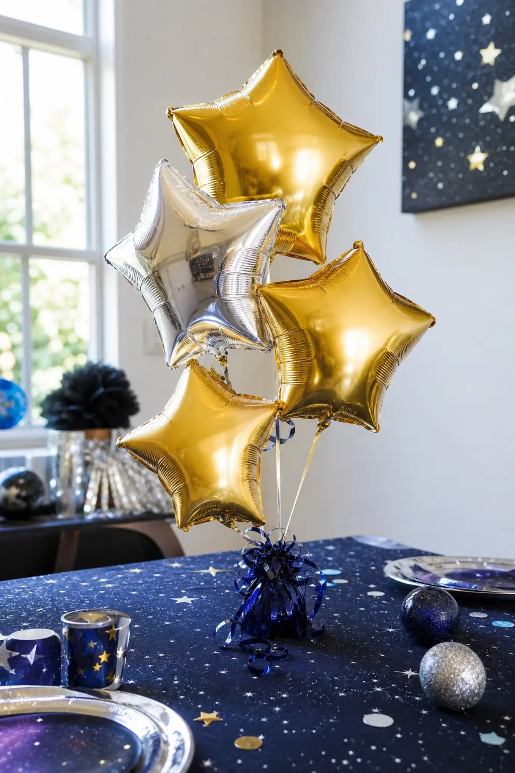 Foil Star Balloon Bouquets — Small bouquets of gold foil star balloons, weighted with navy ribbon and set directly on the table rather than floating overhead