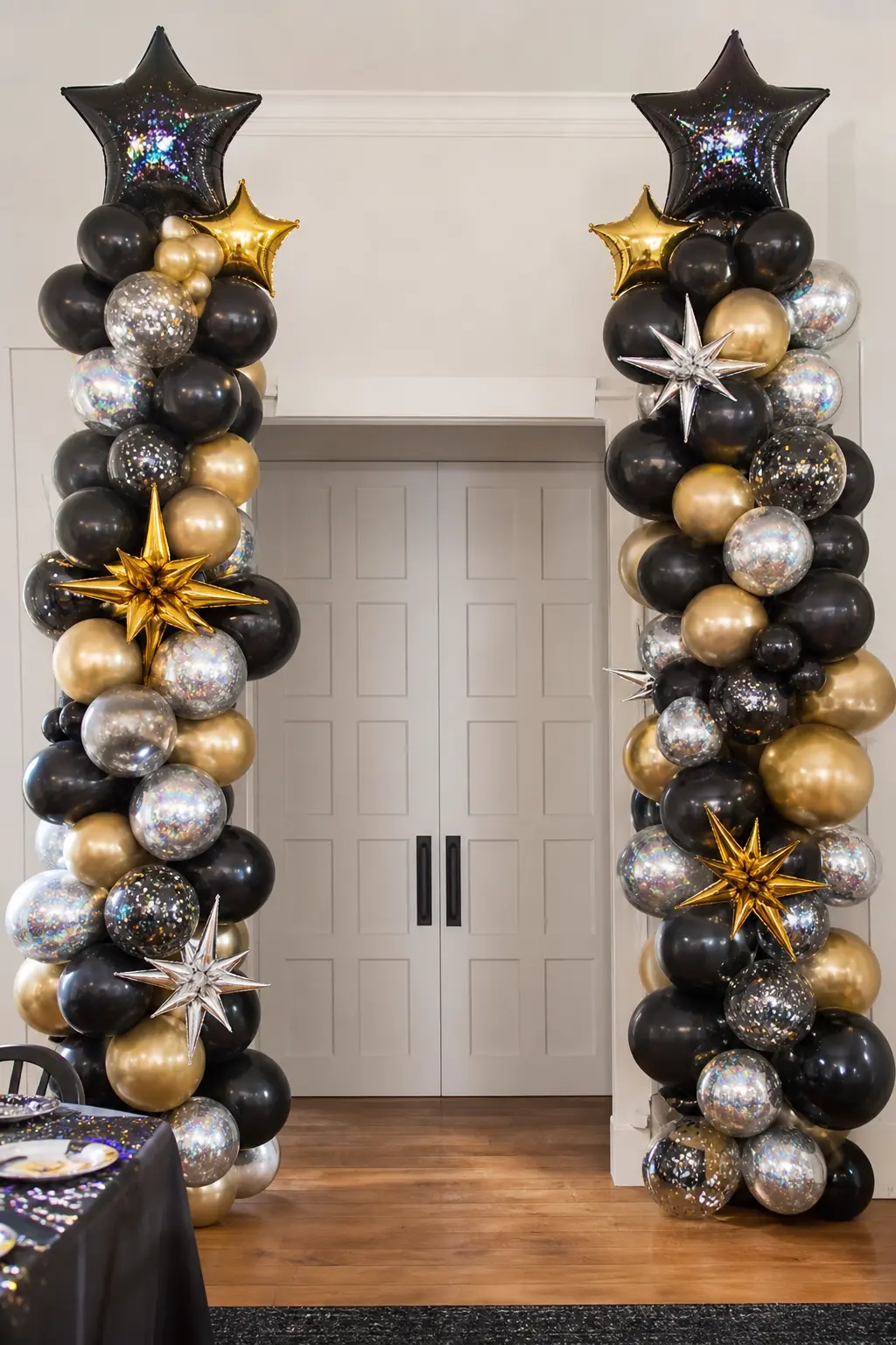 Galaxy Balloon Columns — Two tall balloon columns in black, gold and holographic silver, standing either side of an entrance from floor to well above head