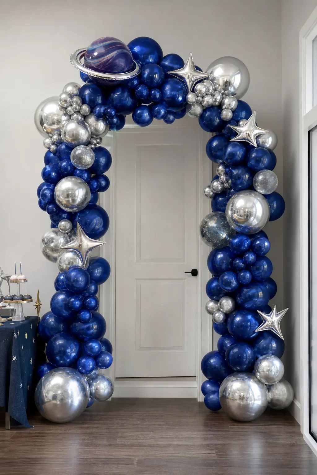 Galaxy Portal Balloon Arch — An organic balloon arch in cobalt blue and chrome silver, built around a plain white doorway, turns the entrance itself into the