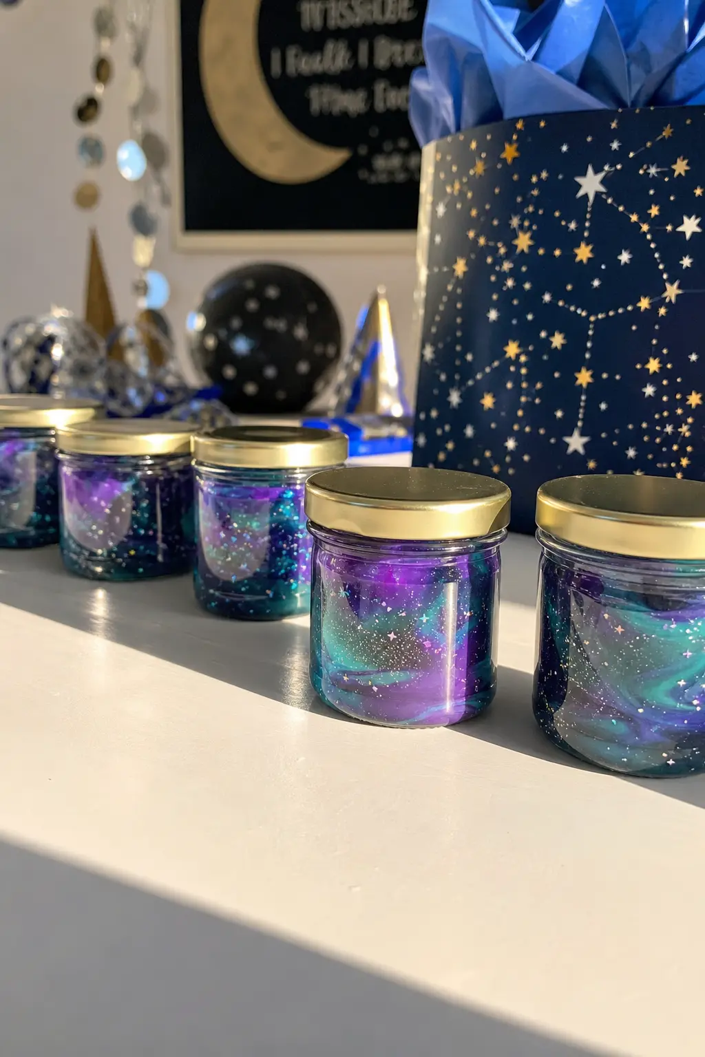 Galaxy Slime Jars — Purple and teal swirled slime, packed into small jars with a scatter of silver glitter and a gold lid, gives younger guests something to