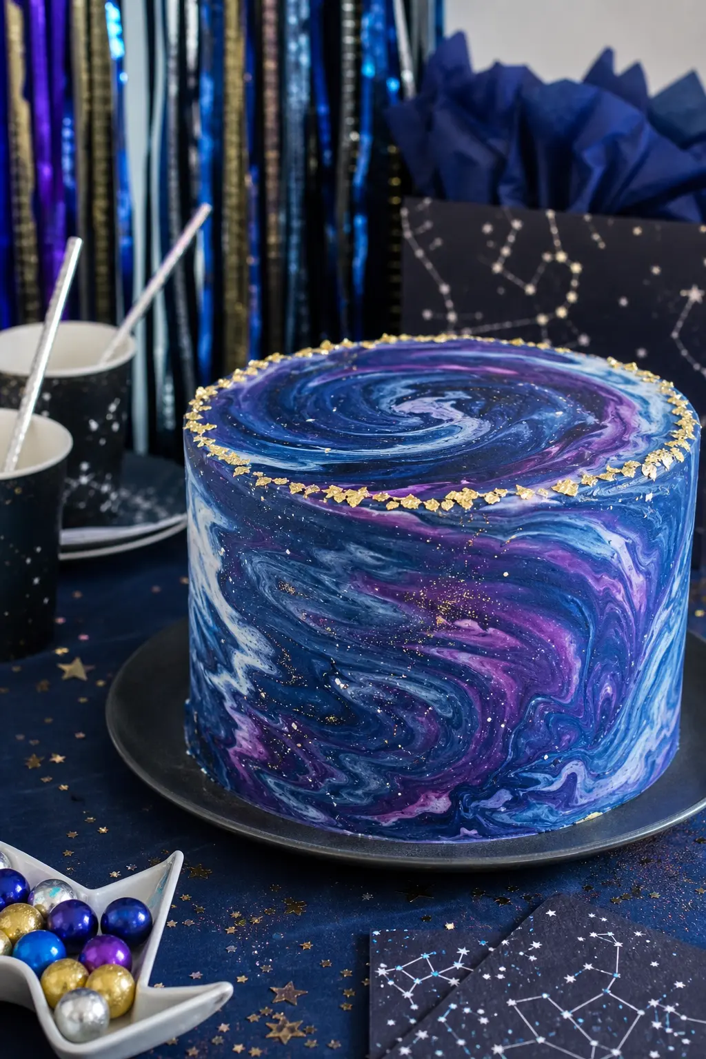 Marbled Galaxy Cake — Sapphire blue, plum purple and a thin edge of edible gold leaf, swirled together with a palette knife across buttercream, gives the hero