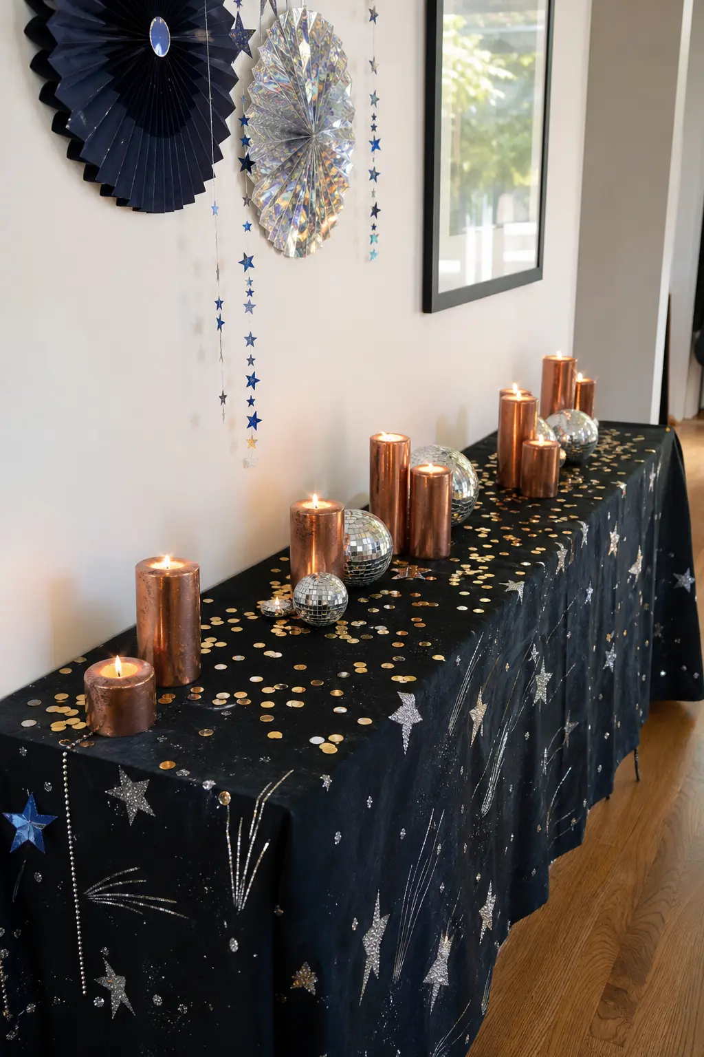 Meteor Shower Console Table — Drape a console or side table in black cloth, then scatter a runner of gold confetti and small copper pillar candles down its