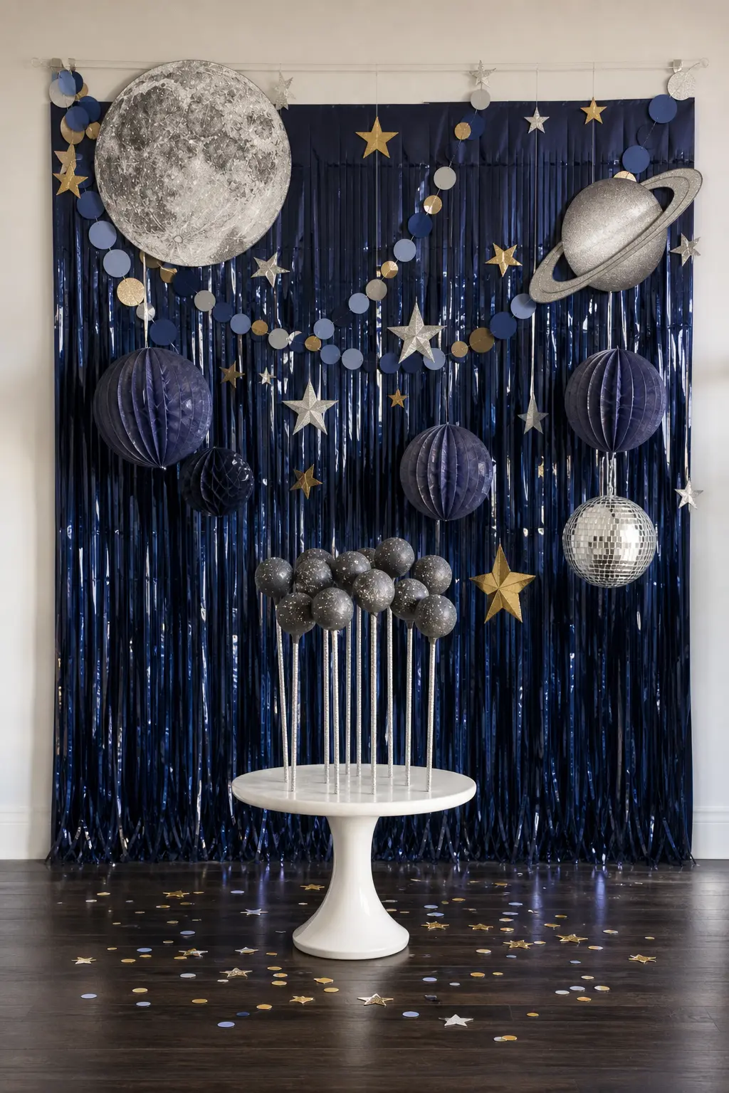 Moon Rock Cake Pops — Charcoal grey candy melt with a white speckle finish, on plain silver sticks, arranged upright in a foam block, gives a whole platter of