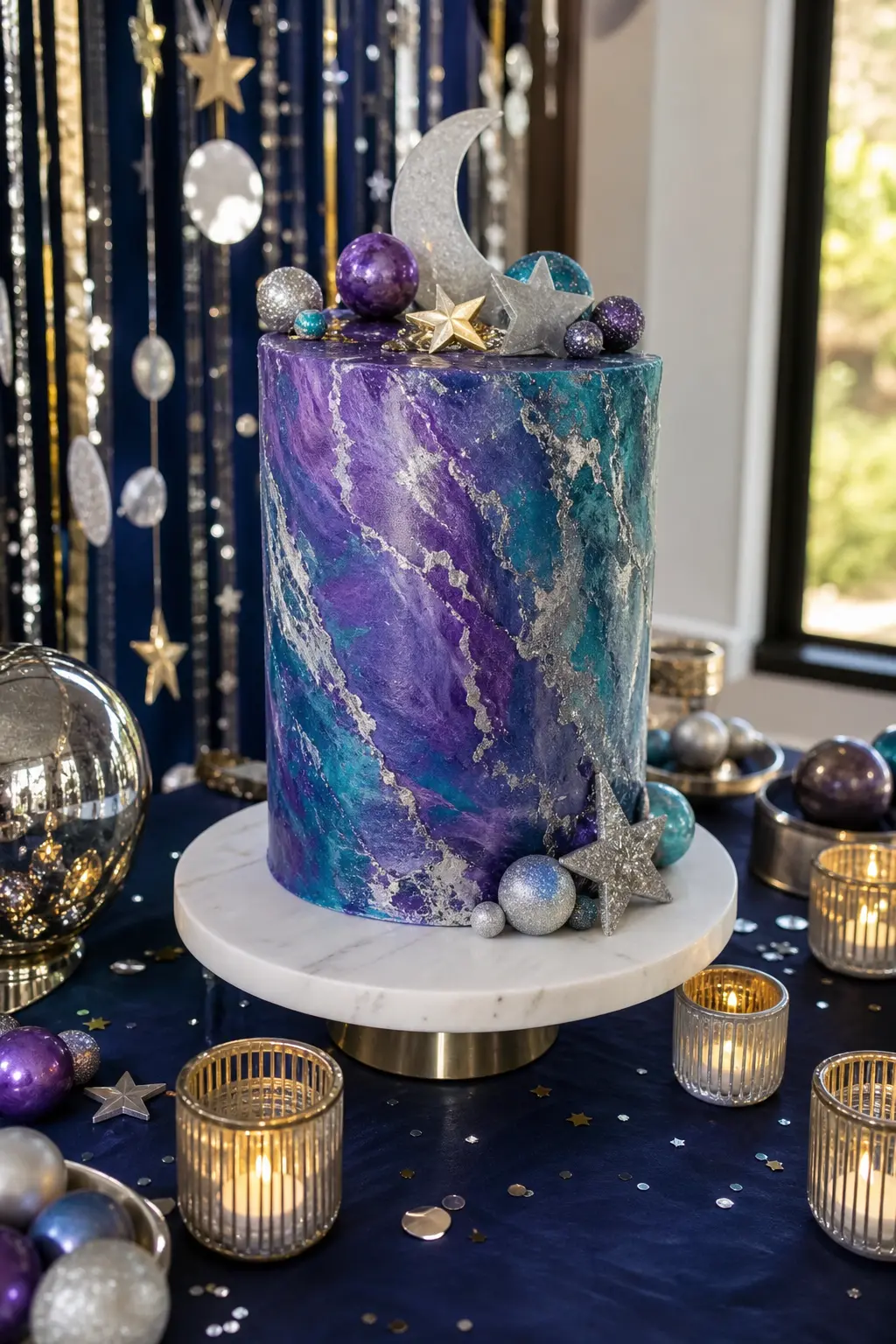Nebula Cloud Cake Display — A marbled buttercream cake in violet, teal and silver, set on a plain marble stand, does the nebula effect without a single craft