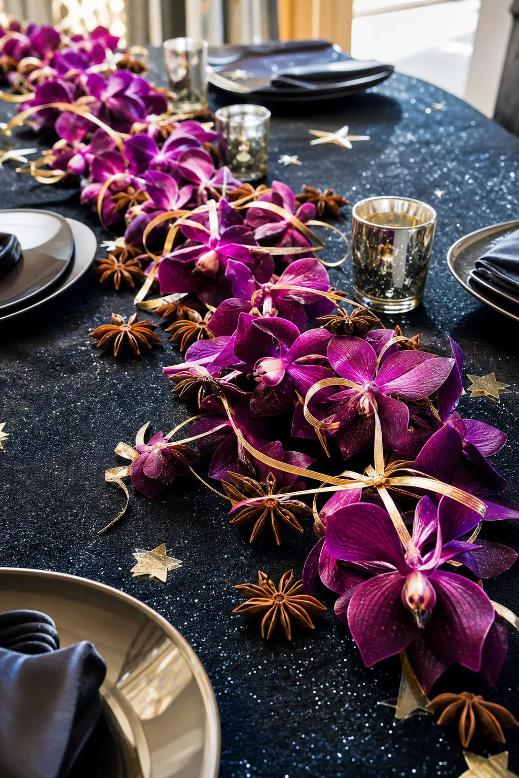 Orchid and Star Anise Garland — Deep purple orchid stems, threaded along a table runner with bronze star anise pods and thin gold ribbon, give a table garland